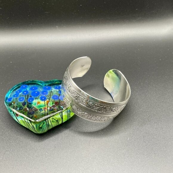 Scroll and Interior Band Design Cuff Bracelet Silver Tone #1195 - Picture 3 of 7